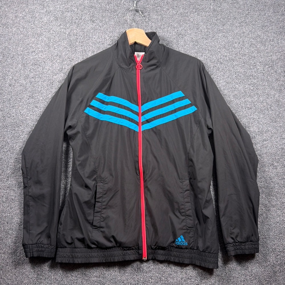 Adidas Windbreaker Jacket Running Womens Large Black Blue Pink Striped Full Zip